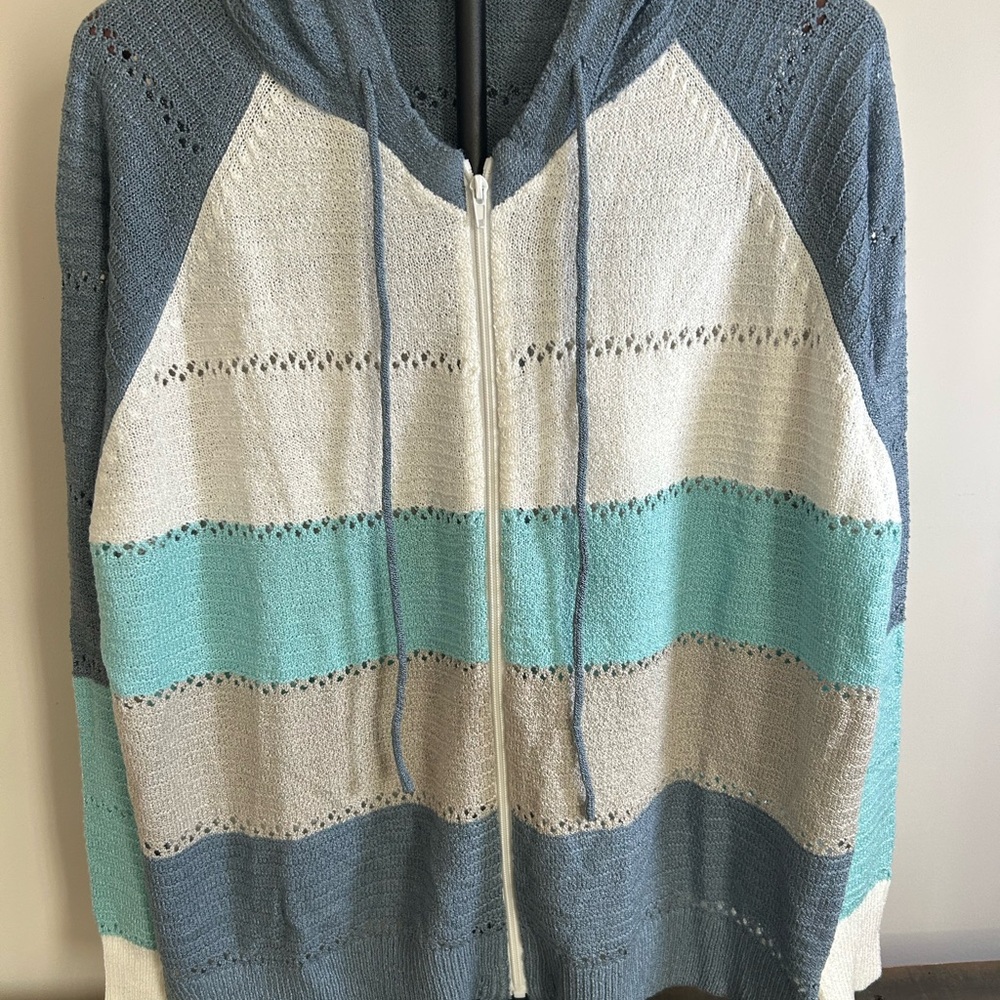 Striped Open-Knit Zip Hoodie Cardigan • XL • 100% Acrylic